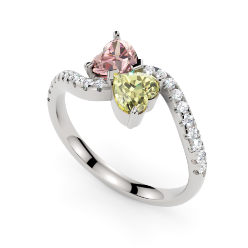 Toi et Moi.  Gorgeous Yellow & Pink 0.50ct each Heart Diamonds Butterfly set and with a ribbon of White Diamonds