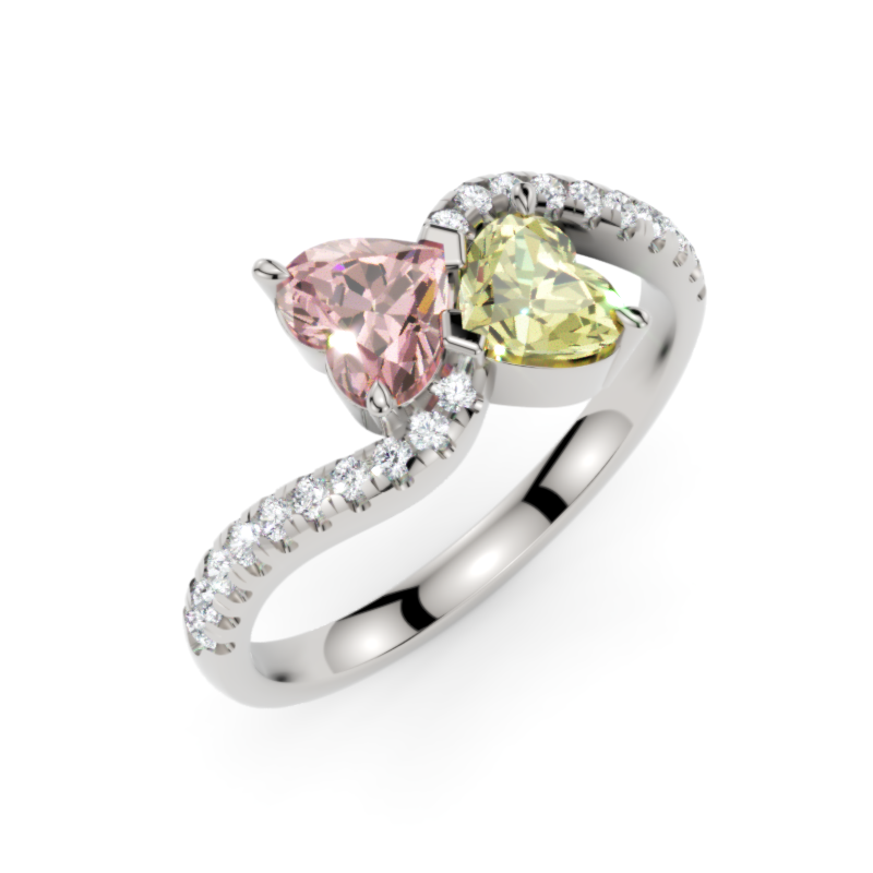 Toi et Moi.  Gorgeous Yellow & Pink 0.50ct each Heart Diamonds Butterfly set and with a ribbon of White Diamonds