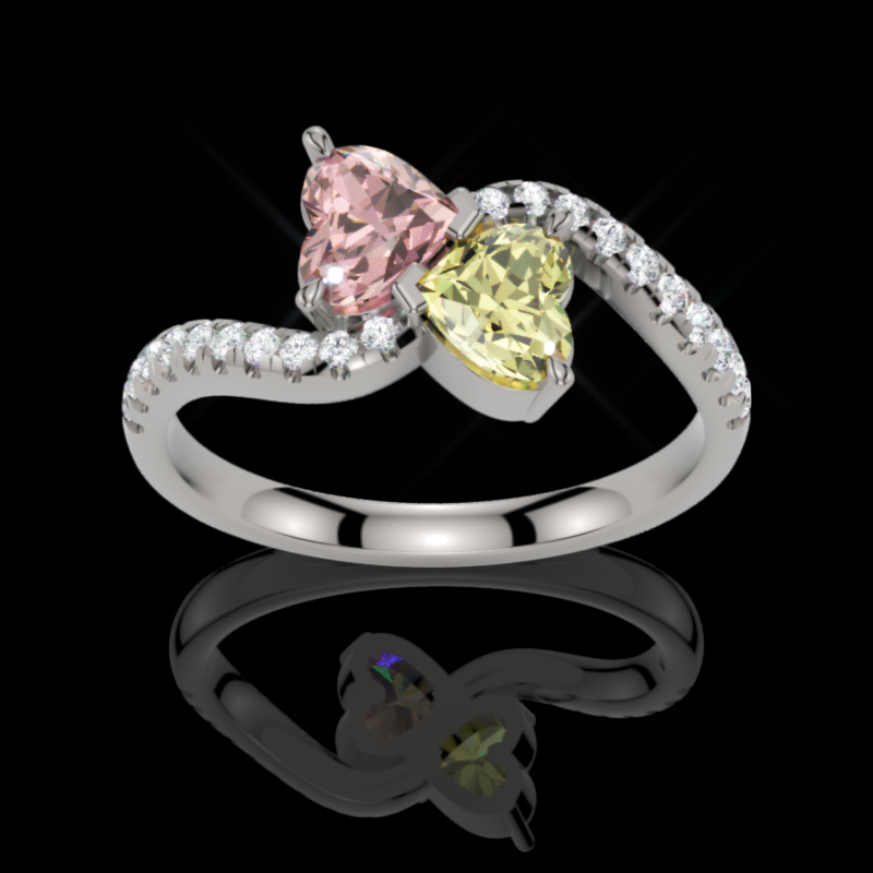 Toi et Moi.  Gorgeous Yellow & Pink 0.50ct each Heart Diamonds Butterfly set and with a ribbon of White Diamonds