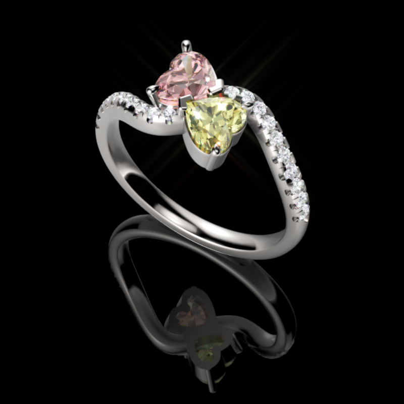 Toi et Moi.  Gorgeous Yellow & Pink 0.50ct each Heart Diamonds Butterfly set and with a ribbon of White Diamonds