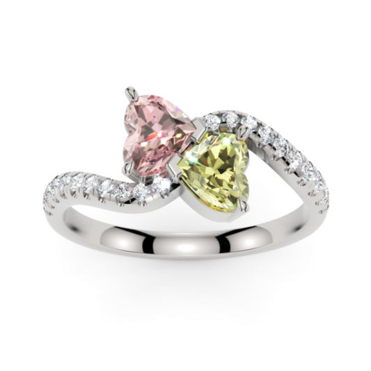 Toi et Moi.  Gorgeous Yellow & Pink 0.50ct each Heart Diamonds Butterfly set and with a ribbon of White Diamonds